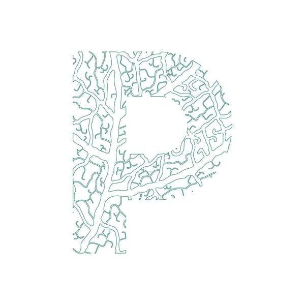 Ekologi alfabet alam dekoratif huruf kapital P diisi dengan vena daun pola hijau - Stok Vektor