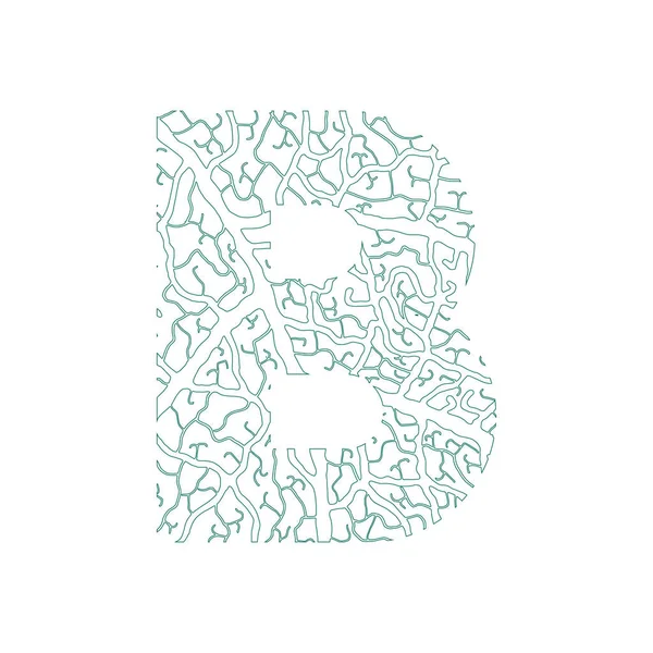 Naturaleza alfabeto ecología decorativo fuente letra mayúscula B lleno de hojas venas patrón verde — Vector de stock