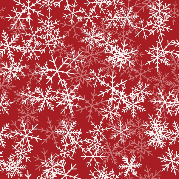 Vita snöflingor sömlösa mönster på röd jul bakgrund Chaotic spridda vita snöflingor — Stock vektor