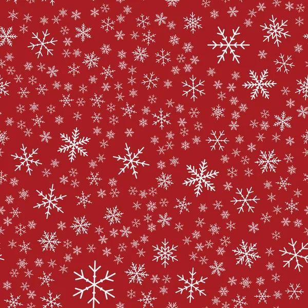 Copos de nieve blancos patrón sin costuras sobre fondo rojo de Navidad Caóticos copos de nieve blancos dispersos — Vector de stock