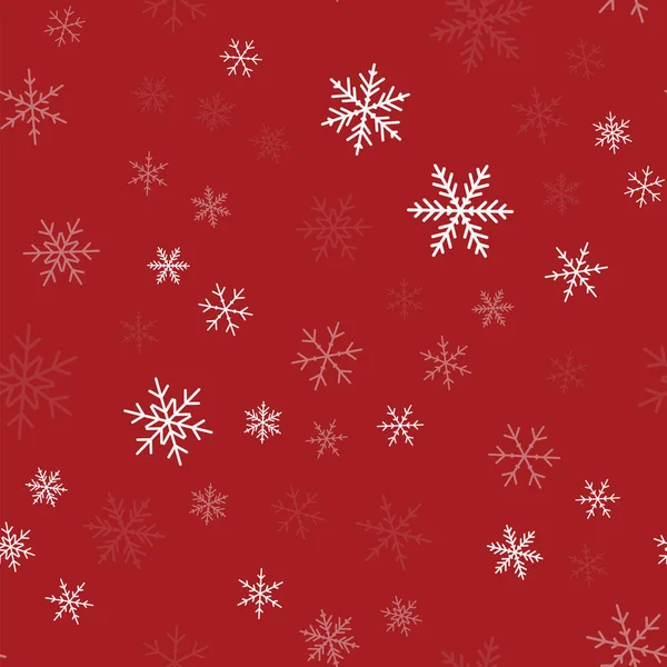 Copos de nieve blancos patrón sin costuras sobre fondo rojo de Navidad Caóticos copos de nieve blancos dispersos — Vector de stock