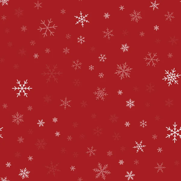 Copos de nieve blancos patrón sin costuras sobre fondo rojo de Navidad Caóticos copos de nieve blancos dispersos — Vector de stock