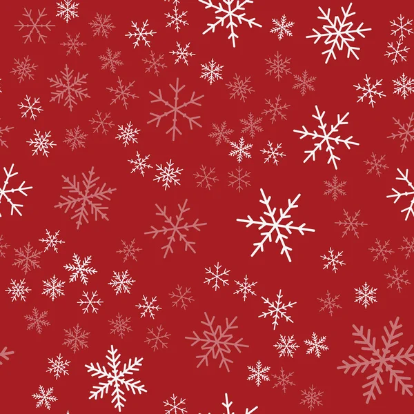 Białe płatki śniegu wzór na czerwonym tle Boże Narodzenie chaotyczny rozproszone białe płatki śniegu — Wektor stockowy