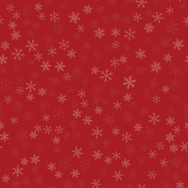 White snowflakes seamless pattern on red Christmas background Chaotic scattered white snowflakes — Stock Vector