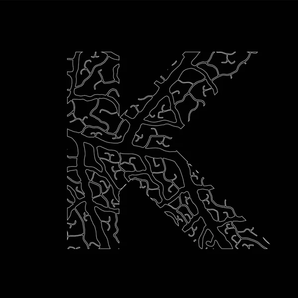 Natuur alfabet ecologie decoratieve lettertype hoofdletter K gevuld met blad aderen patroon wit op — Stockvector