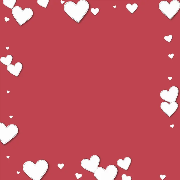 Cutout vitt papper hjärtan torget utspridda gränsen med cutout vitt Pappershjärtan på crimson — Stock vektor