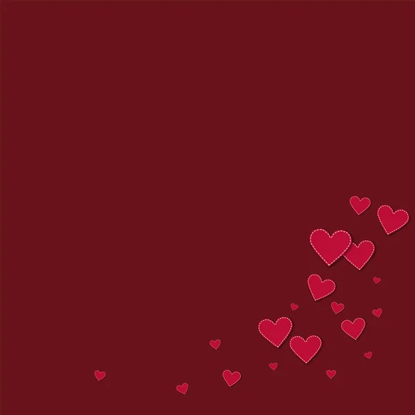 Corazones de papel cosido rojo Esquina inferior derecha sobre fondo rojo vino Ilustración vectorial — Archivo Imágenes Vectoriales