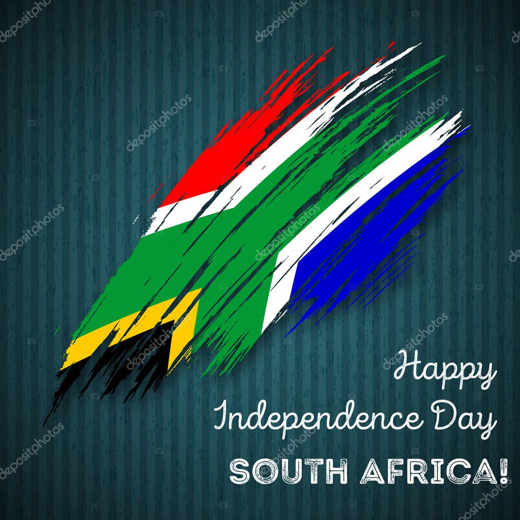 South Africa Independence Day Patriotic Design. Expressive Brush Stroke in National Flag Colors on dark striped background. Happy Independence Day South Africa Vector Greeting Card.
