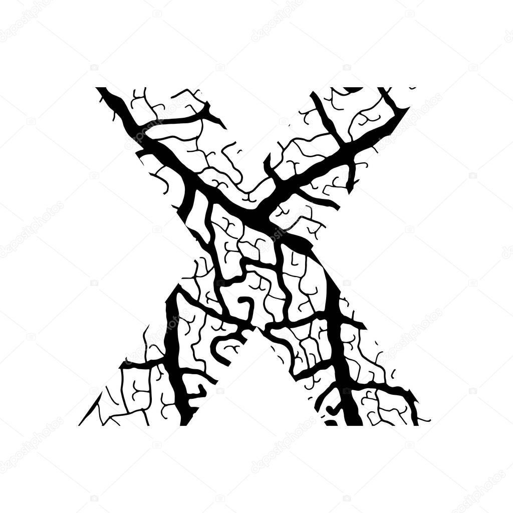 Nature alphabet ecology decorative font Capital letter X filled with leaf veins pattern black on