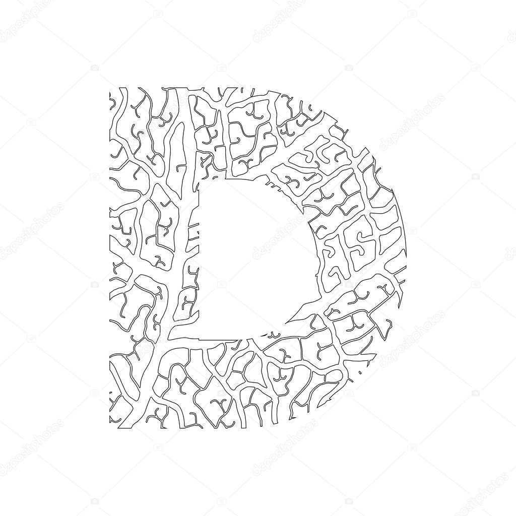Nature alphabet ecology decorative font Capital letter D filled with leaf veins pattern black on