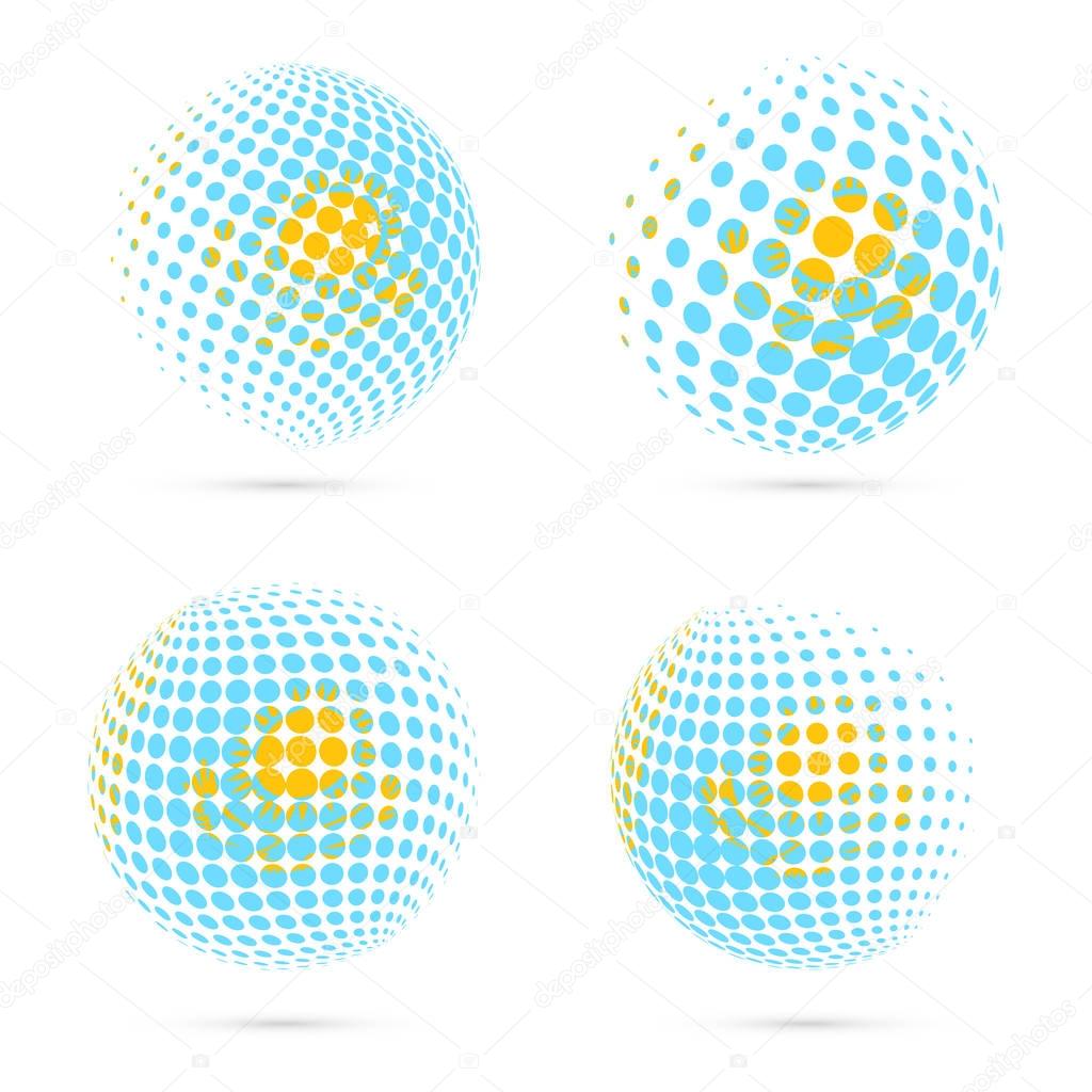 Kazakhstan halftone flag set patriotic vector design. 3D halftone sphere in Kazakhstan national flag colors isolated on white background.