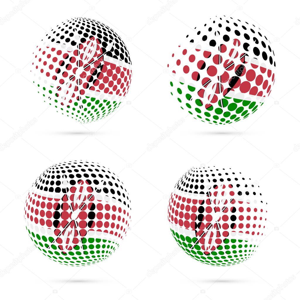 Kenya halftone flag set patriotic vector design. 3D halftone sphere in Kenya national flag colors isolated on white background.