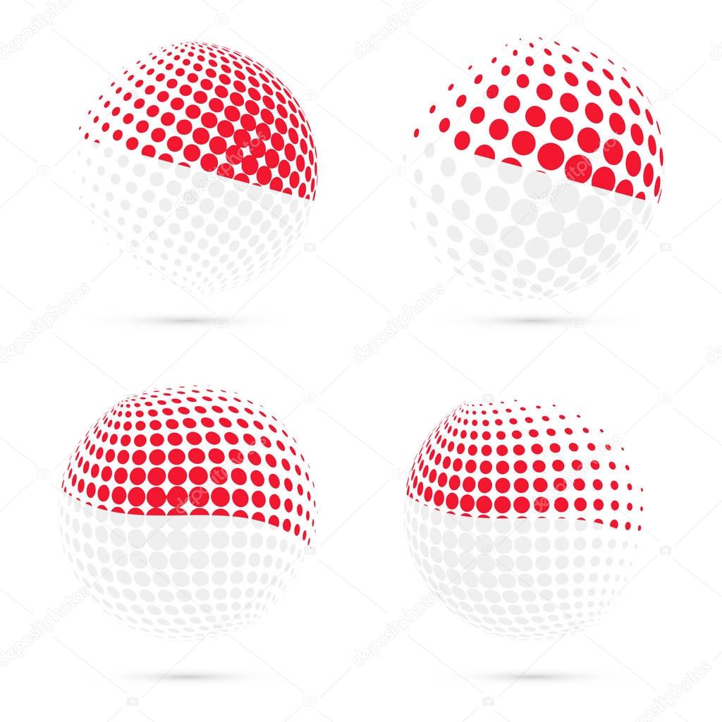 Monaco halftone flag set patriotic vector design 3D halftone sphere in Monaco national flag colors