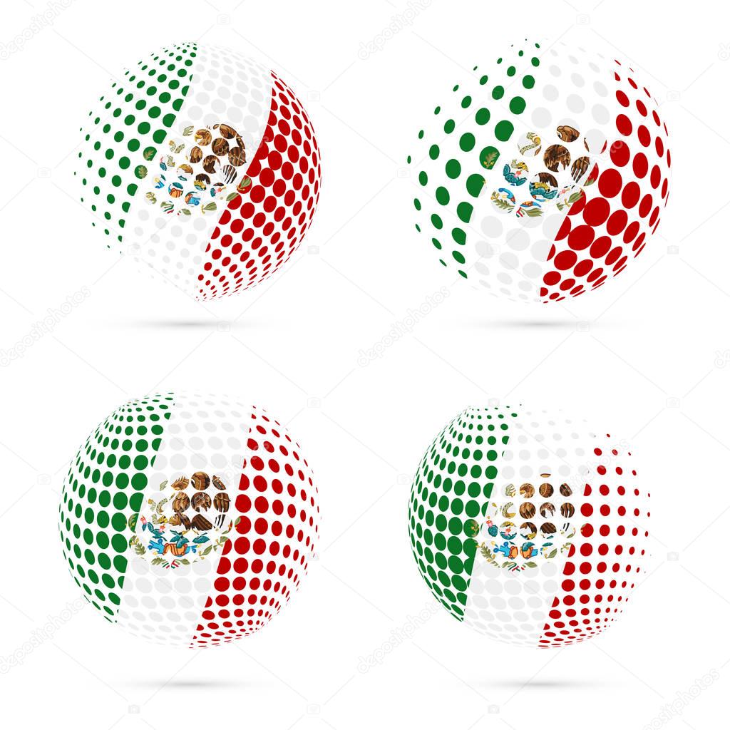 Mexico halftone flag set patriotic vector design. 3D halftone sphere in Mexico national flag colors isolated on white background.