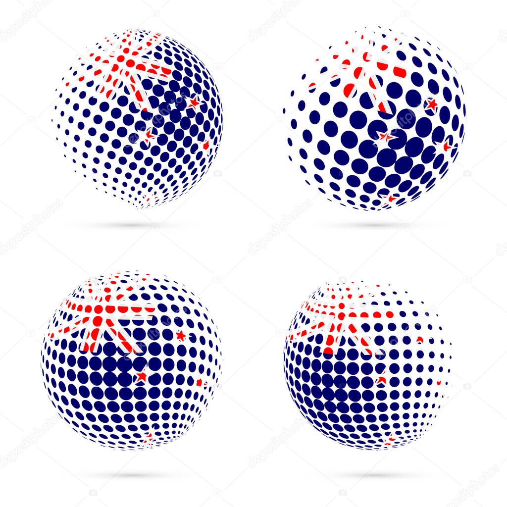 New Zealand halftone flag set patriotic vector design. 3D halftone sphere in New Zealand national flag colors isolated on white background.