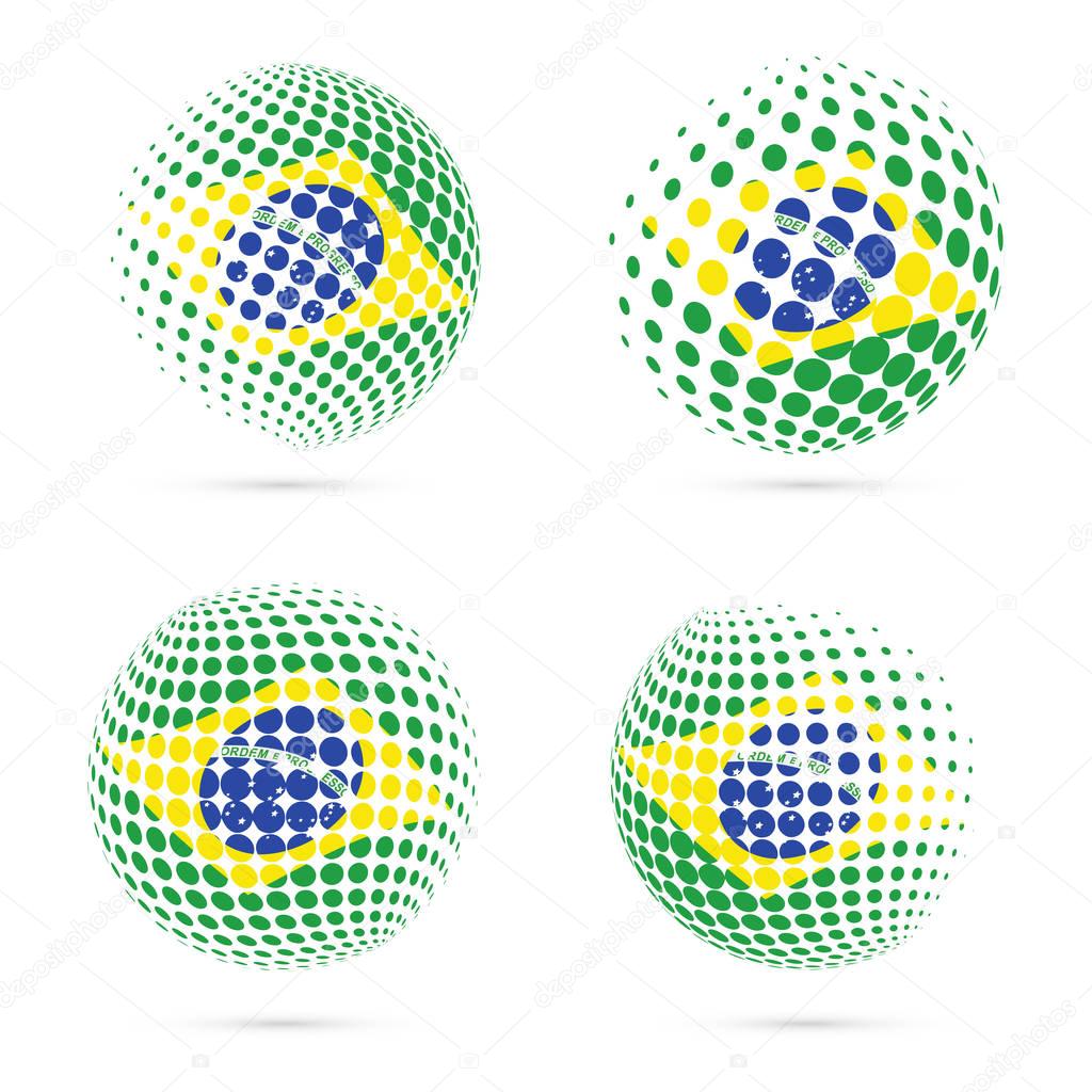 Brazil halftone flag set patriotic vector design. 3D halftone sphere in Brazil national flag colors isolated on white background.