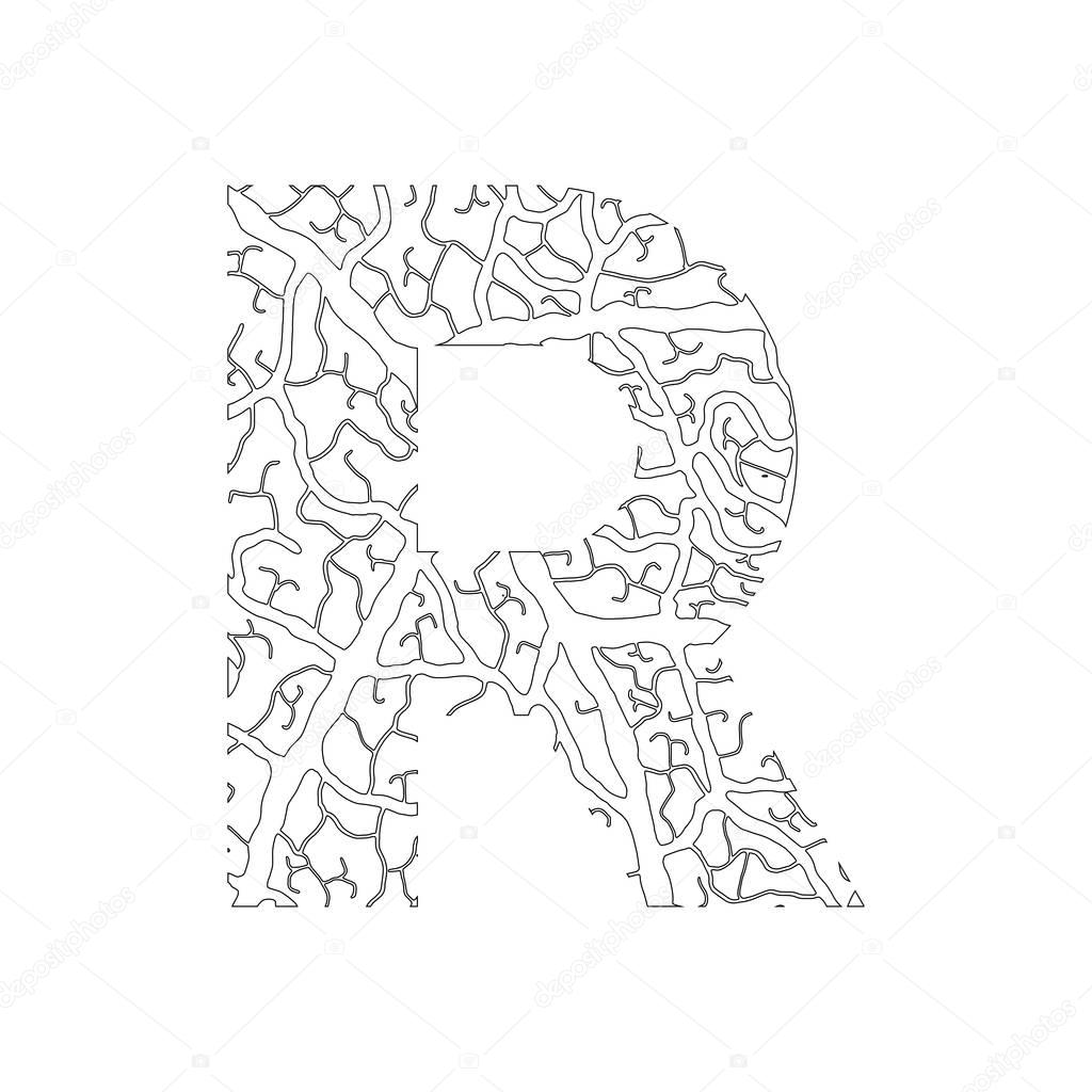 Nature alphabet ecology decorative font Capital letter R filled with leaf veins pattern black on