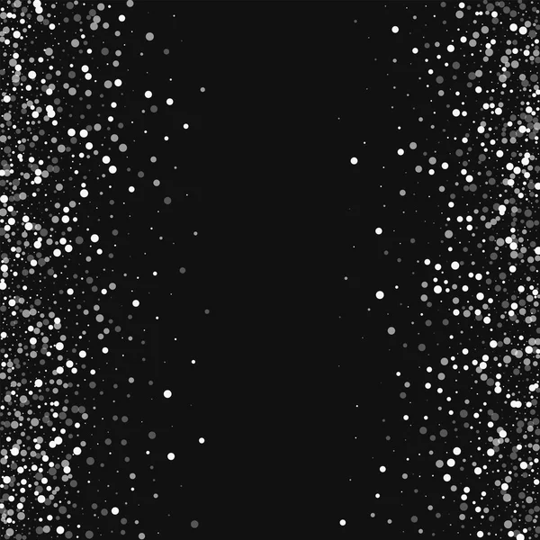Willekeurige vallende witte stippen verspreide frame met willekeurige vallende witte stippen op zwarte achtergrond — Stockvector