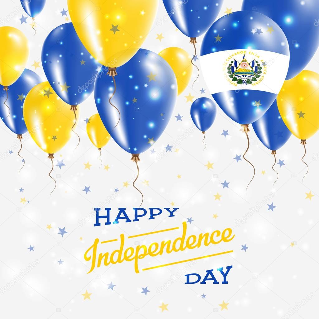 El Salvador Vector Patriotic Poster. Independence Day Placard with Bright Colorful Balloons of Country National Colors. El Salvador Independence Day Celebration.