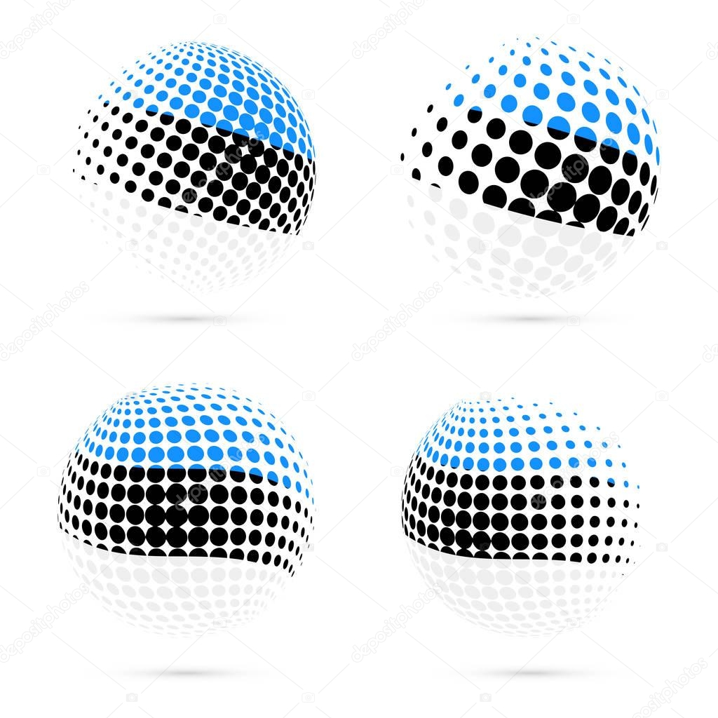 Estonia halftone flag set patriotic vector design. 3D halftone sphere in Estonia national flag colors isolated on white background.