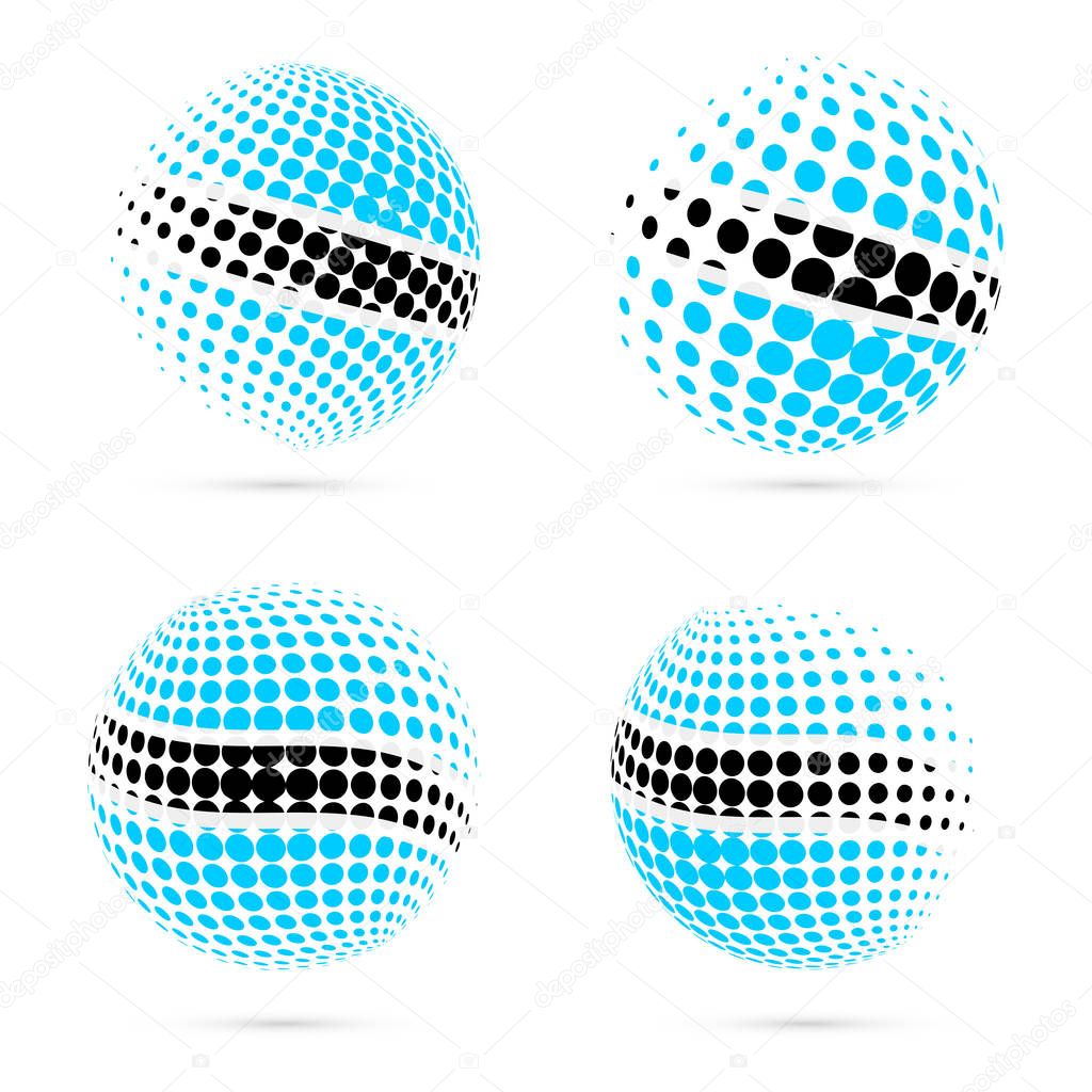 Botswana halftone flag set patriotic vector design. 3D halftone sphere in Botswana national flag colors isolated on white background.