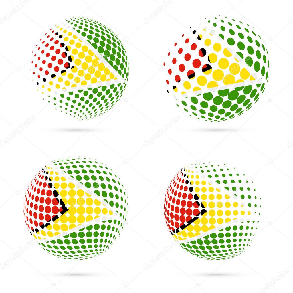 Guyana halftone flag set patriotic vector design. 3D halftone sphere in Guyana national flag colors isolated on white background.