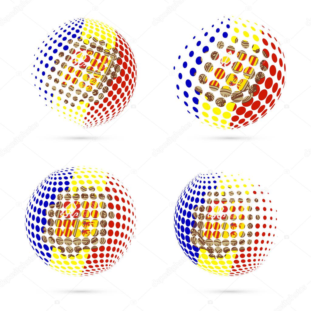 Andorra halftone flag set patriotic vector design 3D halftone sphere in Andorra national flag