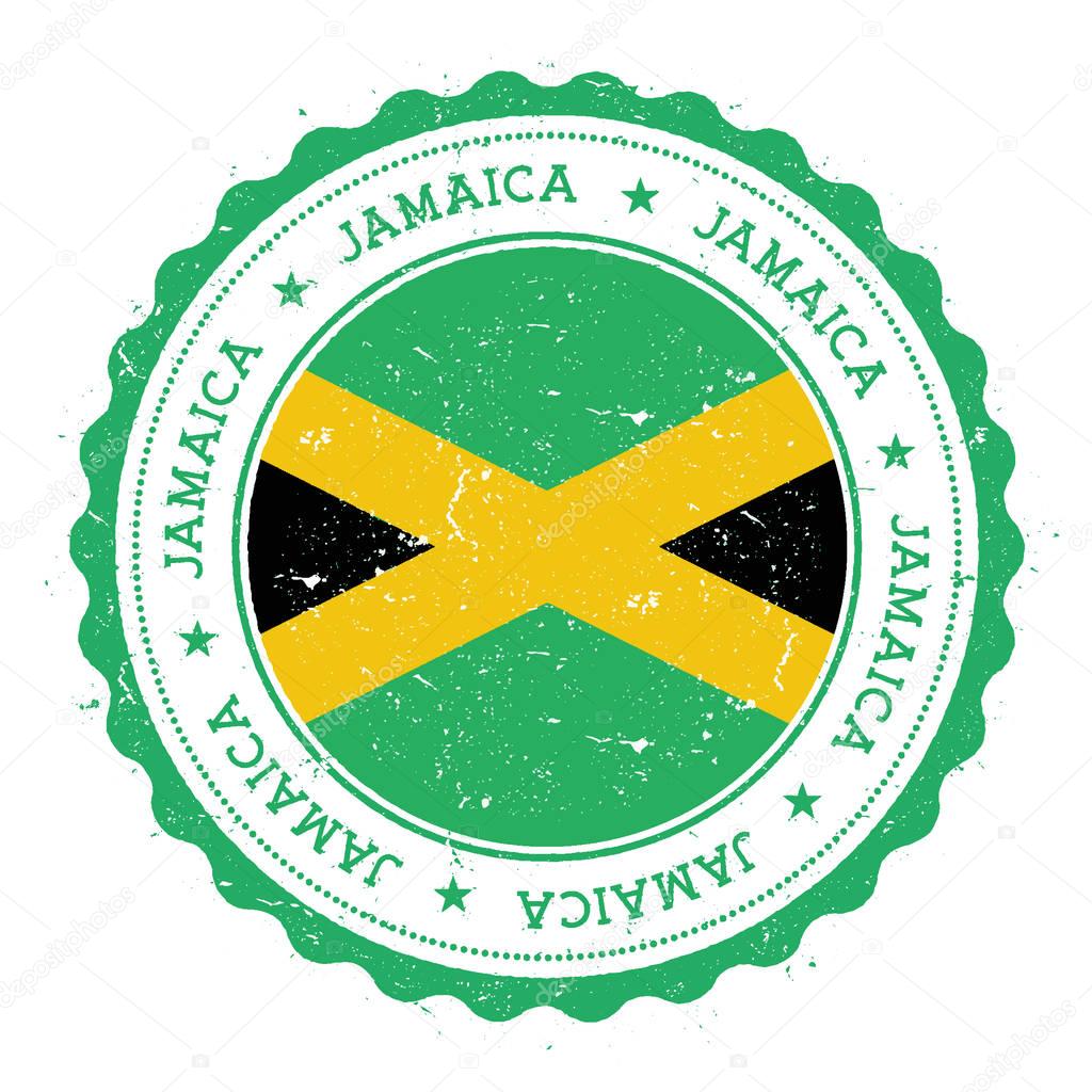 Grunge rubber stamp with Jamaica flag. Vintage travel stamp with circular text, stars and national flag inside it. Vector illustration.