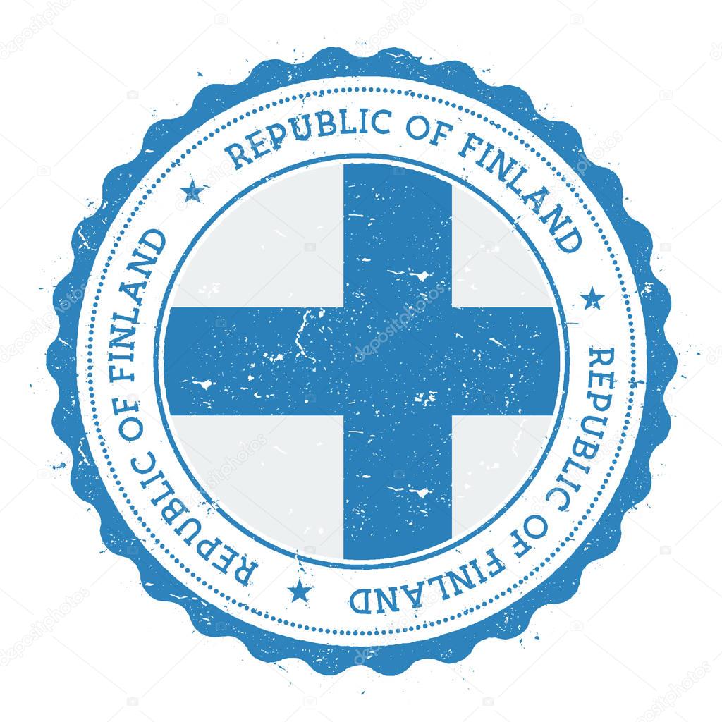 Grunge rubber stamp with Finland flag. Vintage travel stamp with circular text, stars and national flag inside it. Vector illustration.