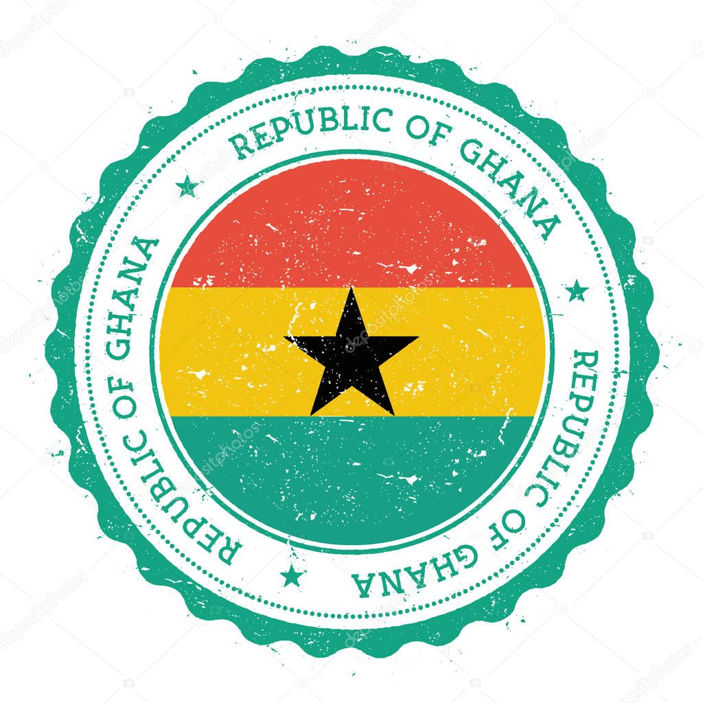 Grunge rubber stamp with Ghana flag. Vintage travel stamp with circular text, stars and national flag inside it. Vector illustration.