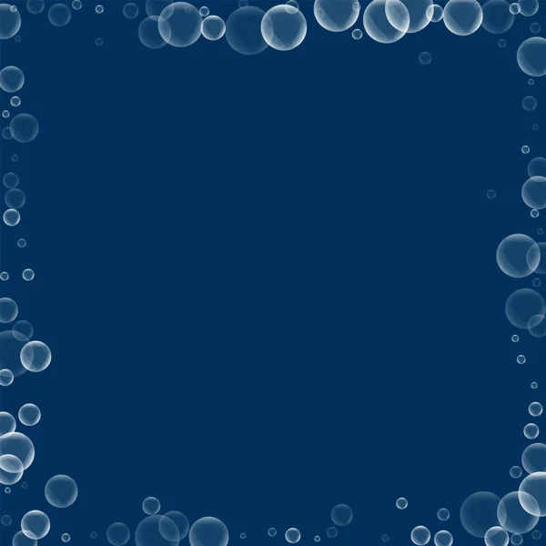 Random soap bubbles Chaotic frame with random soap bubbles on deep blue background Vector — Stock Vector