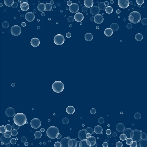 Burbujas de jabón al azar Borde disperso con burbujas de jabón al azar sobre fondo azul profundo Vector — Vector de stock