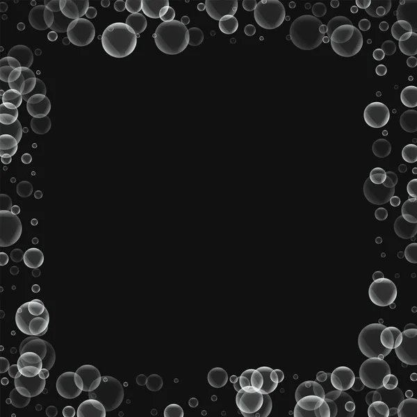 Bolhas de sabão aleatórias Borda espalhada quadrada com bolhas de sabão aleatórias no fundo preto Vetor — Vetor de Stock