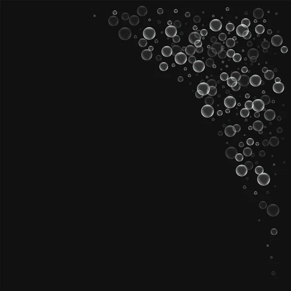 Burbujas de jabón Esquina superior derecha con burbujas de jabón sobre fondo negro Ilustración vectorial — Vector de stock