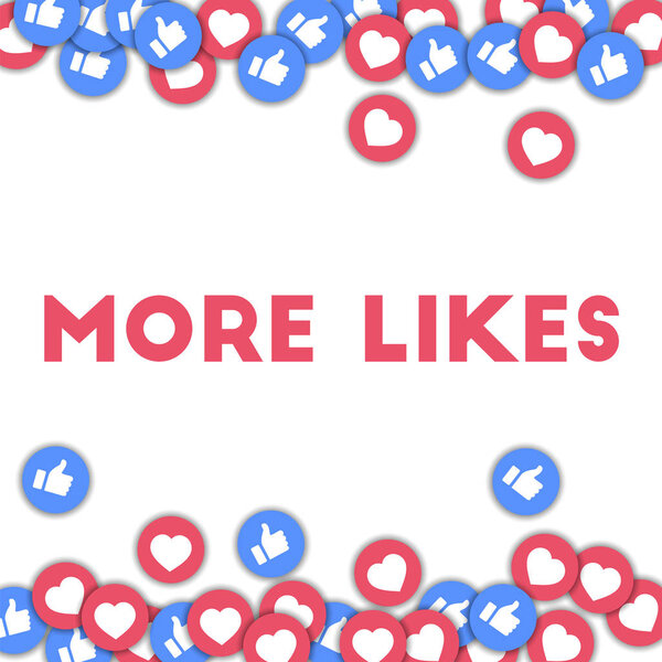 More likes Social media icons in abstract shape background with scattered thumbs up and hearts