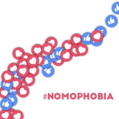 nomophobia Sosyal Medya Icons dağınık başparmak yukarıya ve kalpleri ile soyut şekli arka plan