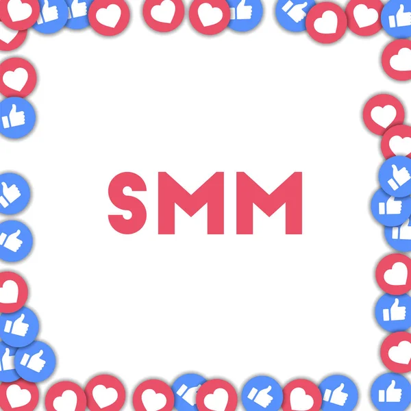 Smm Social media iconen in abstracte vorm achtergrond met verspreide duimschroef opwaarts en harten Smm — Stockvector