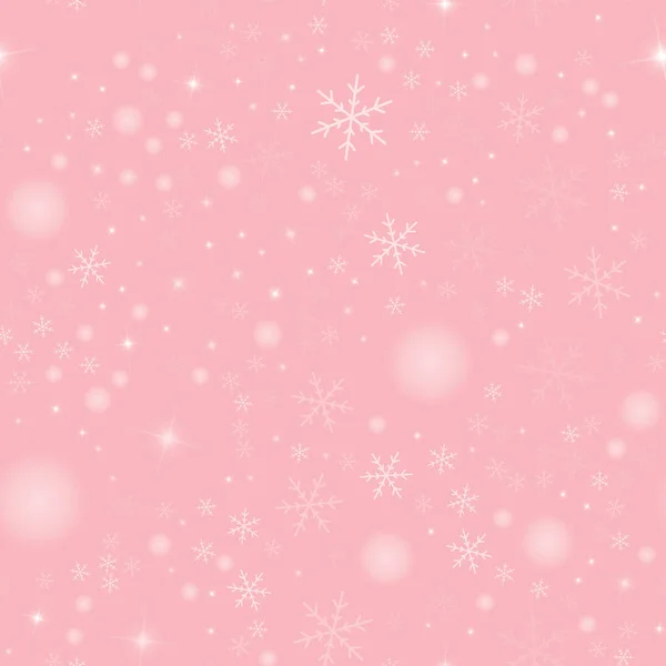 Weiße Schneeflocken nahtloses Muster auf rosa Weihnachten Hintergrund chaotisch verstreut weiße Schneeflocken — Stockvektor