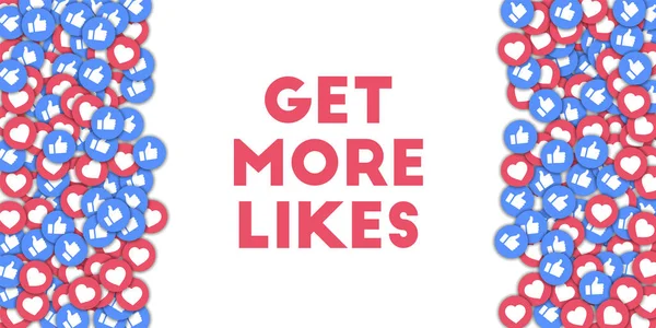 Obter mais gosta de ícones de mídia social em fundo forma abstrata com polegares espalhados para cima e corações —  Vetores de Stock
