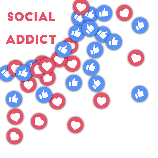 Ikony sociálních sítí sociální narkoman v abstraktní obrazec pozadí s rozptýlenými palec nahoru a srdce — Stockový vektor