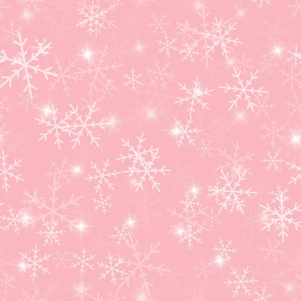 Copos de nieve blancos patrón sin costuras sobre fondo rosa de Navidad Caóticos copos de nieve blancos dispersos — Vector de stock
