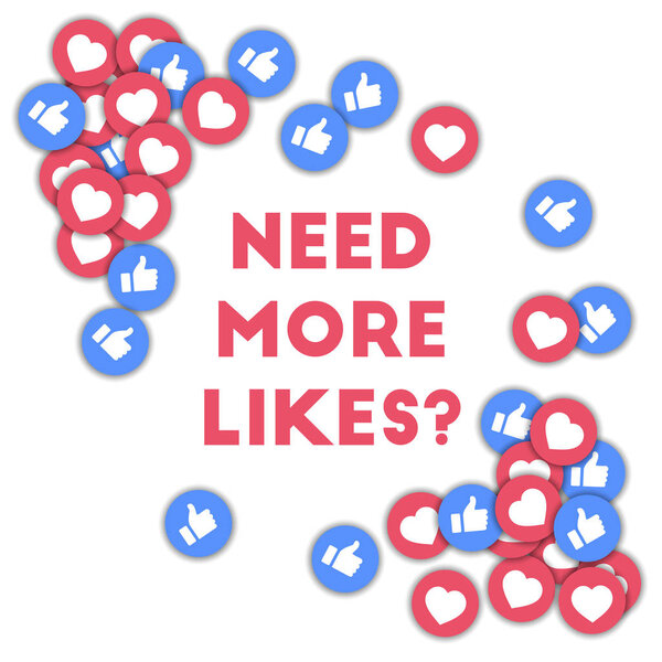Need more likes Social media icons in abstract shape background with scattered thumbs up and