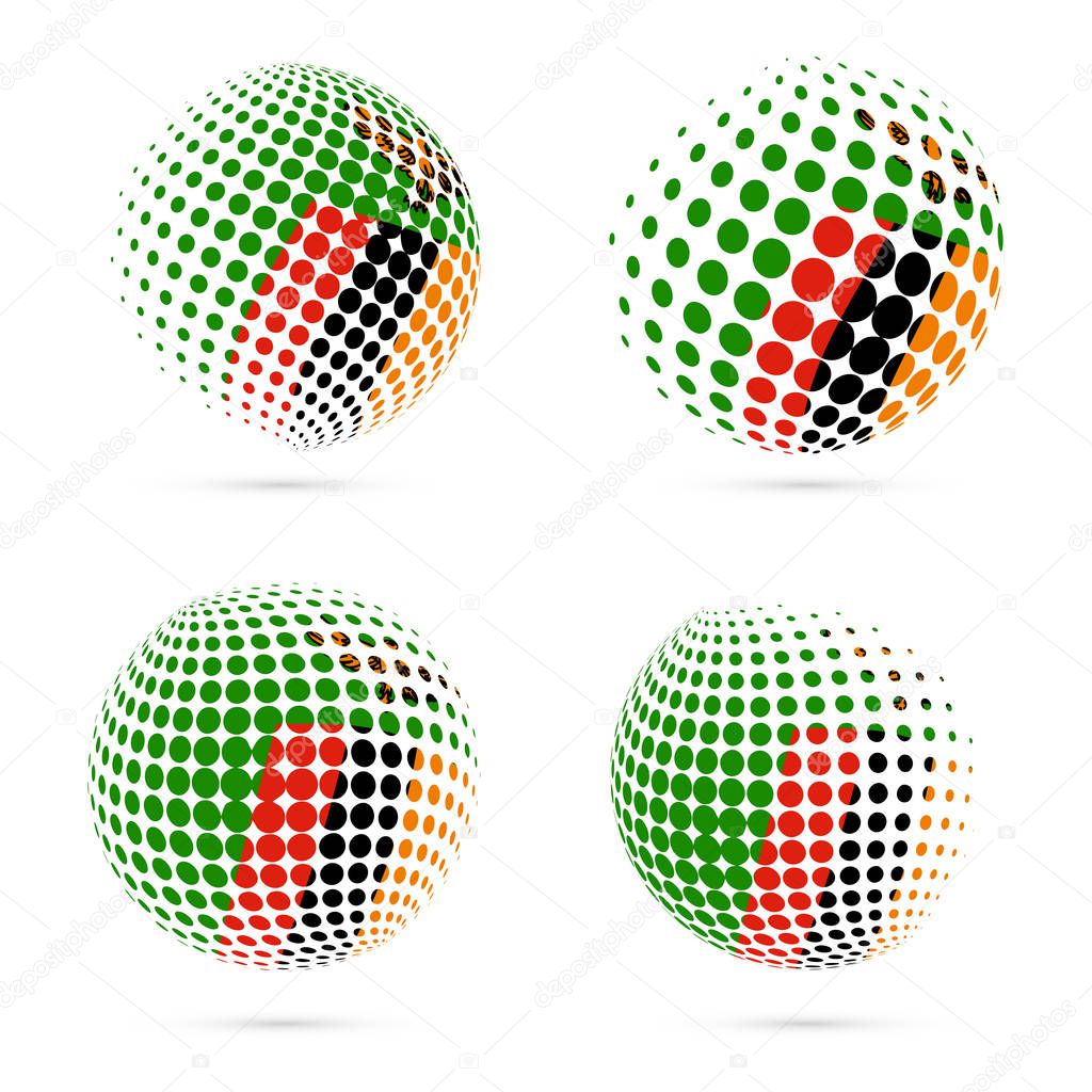 Zambia halftone flag set patriotic vector design. 3D halftone sphere in Zambia national flag colors isolated on white background.