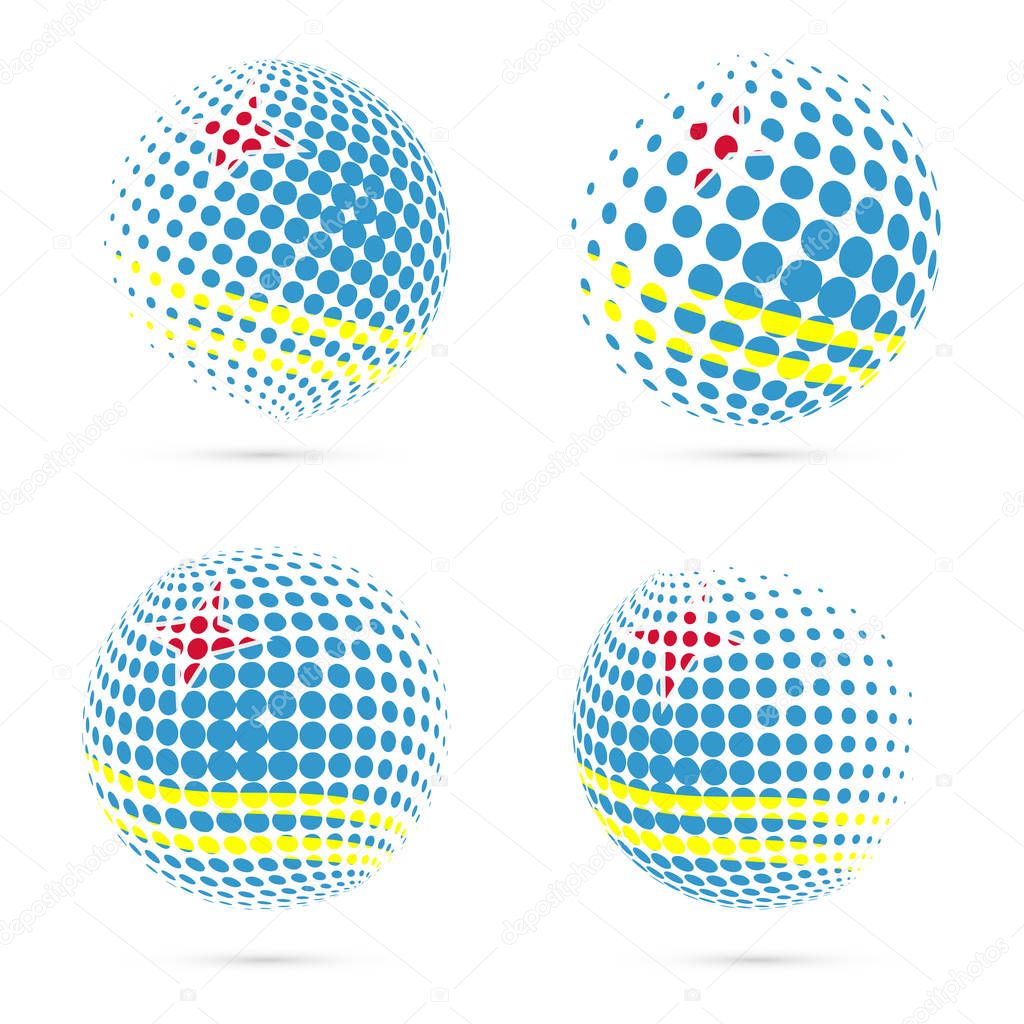 Aruba halftone flag set patriotic vector design. 3D halftone sphere in Aruba national flag colors isolated on white background.