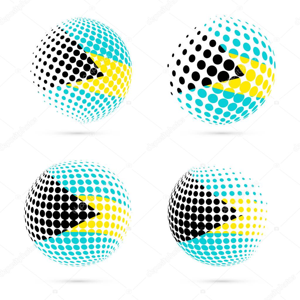 Bahamas halftone flag set patriotic vector design. 3D halftone sphere in Bahamas national flag colors isolated on white background.