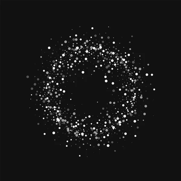 Pois blancs tombants aléatoires Petit cadre circulaire avec des points blancs tombants aléatoires sur fond noir — Image vectorielle
