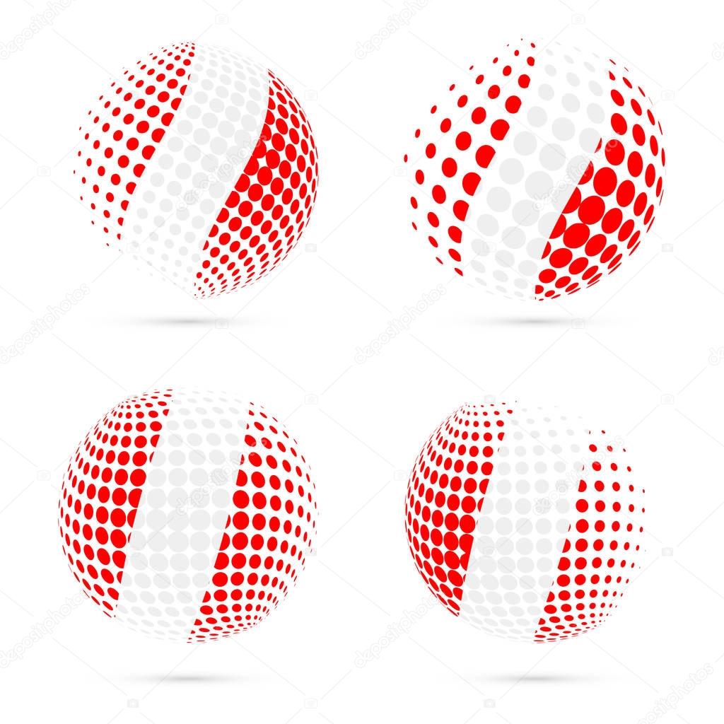 Peru halftone flag set patriotic vector design. 3D halftone sphere in Peru national flag colors isolated on white background.