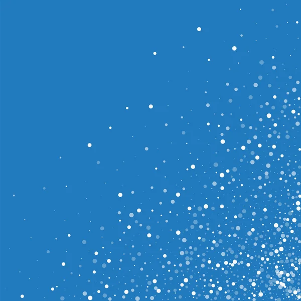 Lunares blancos que caen al azar Esquina inferior derecha dispersa con puntos blancos que caen al azar en azul — Vector de stock