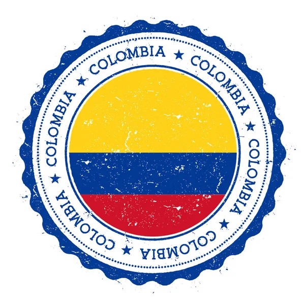 Kolombiya bayraklı Grunge kauçuk damgası Dairesel metin yıldızları ve ulusal seyahat damgası — Stok Vektör