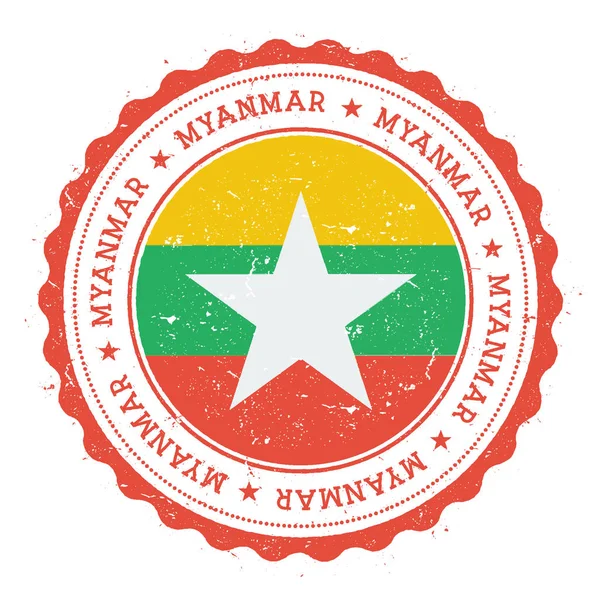 Grunge timbro di gomma con bandiera Myanmar Timbro di viaggio Vintage con stelle di testo circolare e nazionale — Vettoriale Stock